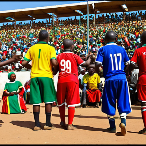 Home 15 **
A vibrant and colorful scene depicting a South African soccer match in a township. Show fans in traditional clothing dancing, singing, and playing drums. The stadium should be packed and energetic. Capture the feeling of community and the historical importance of soccer as a symbol of unity against Apartheid. Focus on the raw emotion and passion of the fans.
**