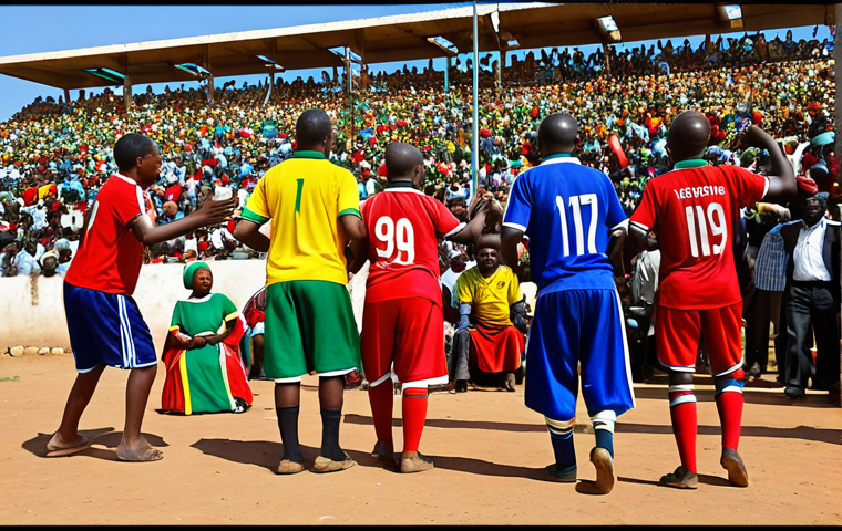 **

A vibrant and colorful scene depicting a South African soccer match in a township. Show fans in traditional clothing dancing, singing, and playing drums. The stadium should be packed and energetic. Capture the feeling of community and the historical importance of soccer as a symbol of unity against Apartheid. Focus on the raw emotion and passion of the fans.

**