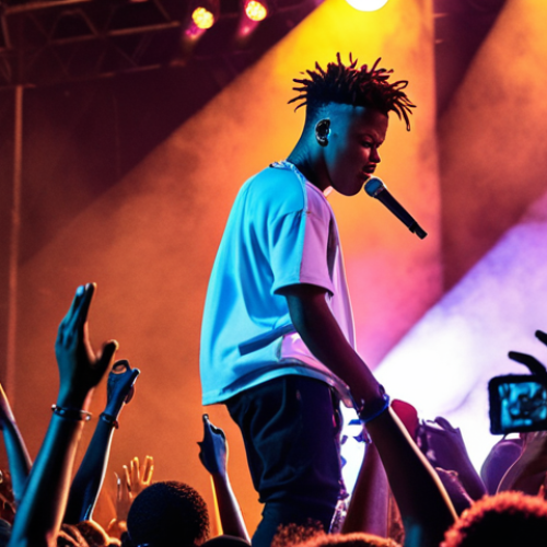 Home 14 **A vibrant concert scene in Rome, Italy, during a music festival. Nasty C is on stage, bathed in dynamic lighting, captivating the ecstatic crowd with his charismatic performance. The atmosphere is electric, capturing the energy of South African rap music resonating internationally.**
