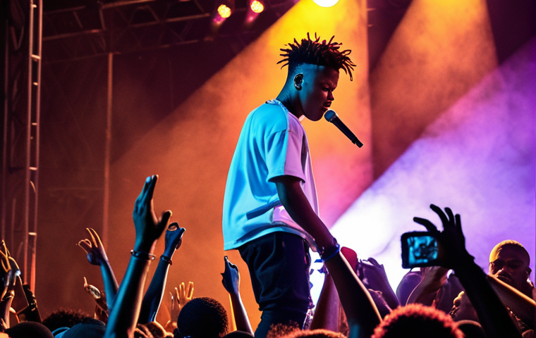 **A vibrant concert scene in Rome, Italy, during a music festival. Nasty C is on stage, bathed in dynamic lighting, captivating the ecstatic crowd with his charismatic performance. The atmosphere is electric, capturing the energy of South African rap music resonating internationally.**