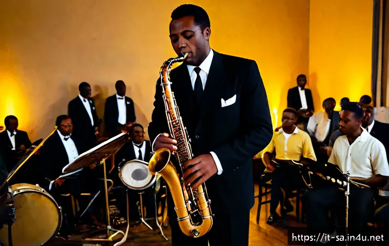 Home 13 남아공의 재즈 음악 역사 - Photorealistic 1950s South African township jazz scene, elegant Black saxophonist in a crisp suit pe...