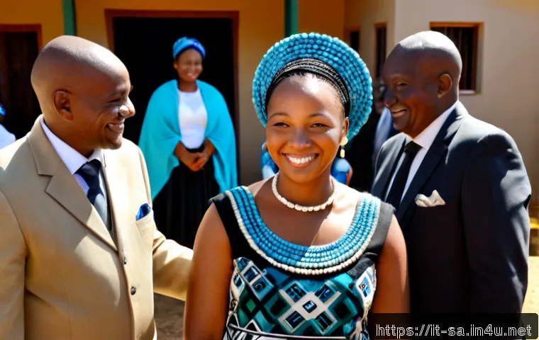 코사족 결혼식 문화 - Photorealistic Xhosa wedding ceremony in the Eastern Cape, South Africa, a smiling adult couple wear...