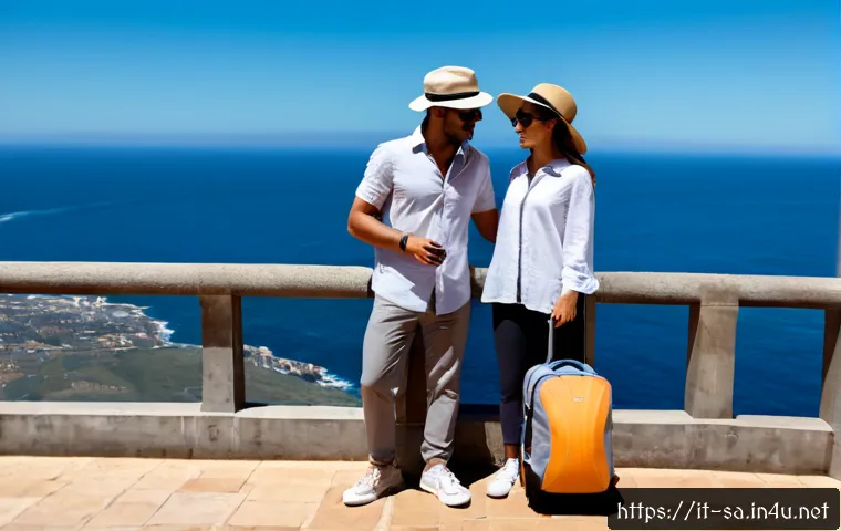 남아프리카 공화국 기후 및 옷차림 추천 - Photorealistic split-season travel scene in South Africa: an Italian couple wearing light linen shir...